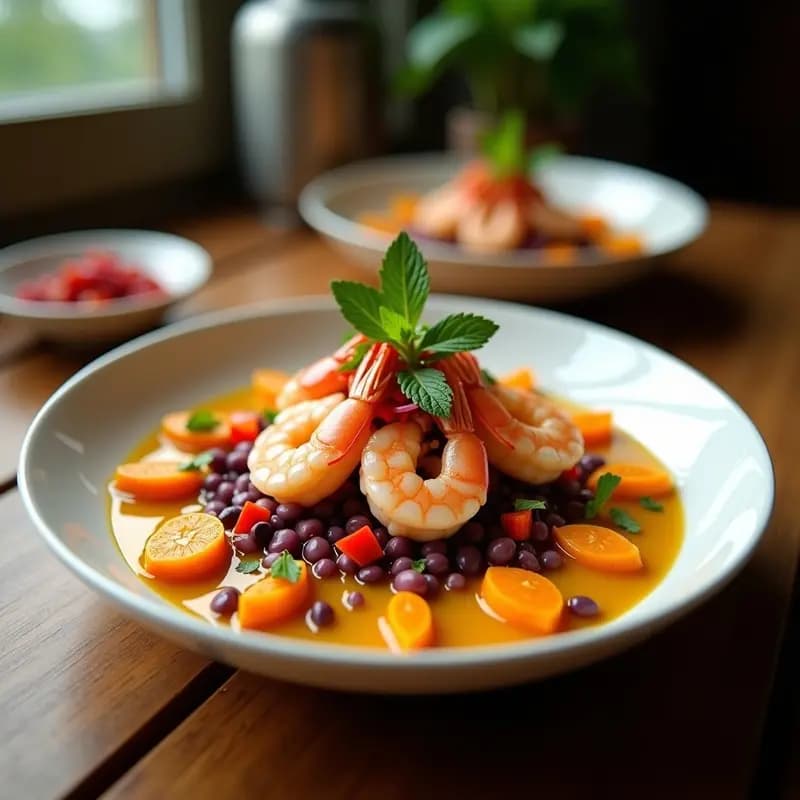 Ceviche Peruano de Langostinos con Ají Amarillo y Maíz Morado: Receta Sin Cocción Alta en Proteína