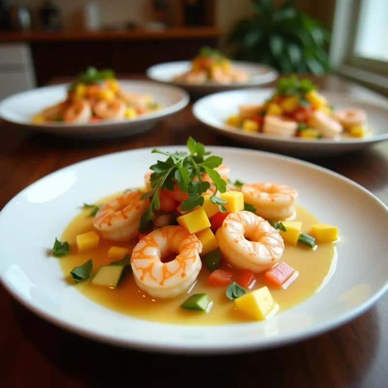 Ceviche de Langostinos con Leche de Coco y Mango: Receta Tailandesa-Peruana Innovadora