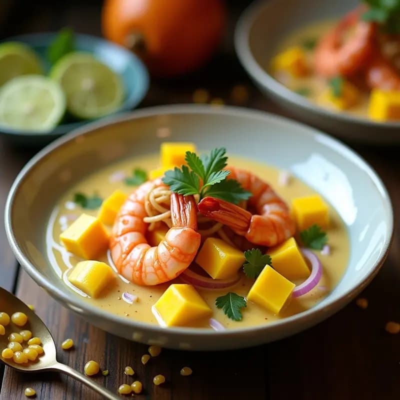 Ceiche de Langostinos y Mango: Receta Peruana con Leche de Tigre de Jengibre y Lima