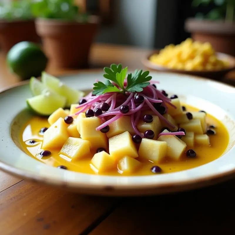 Ceviche de Pescado Blanco con Tigres Leche y Maíz Morado: Receta Peruana Fresca y Vibrante