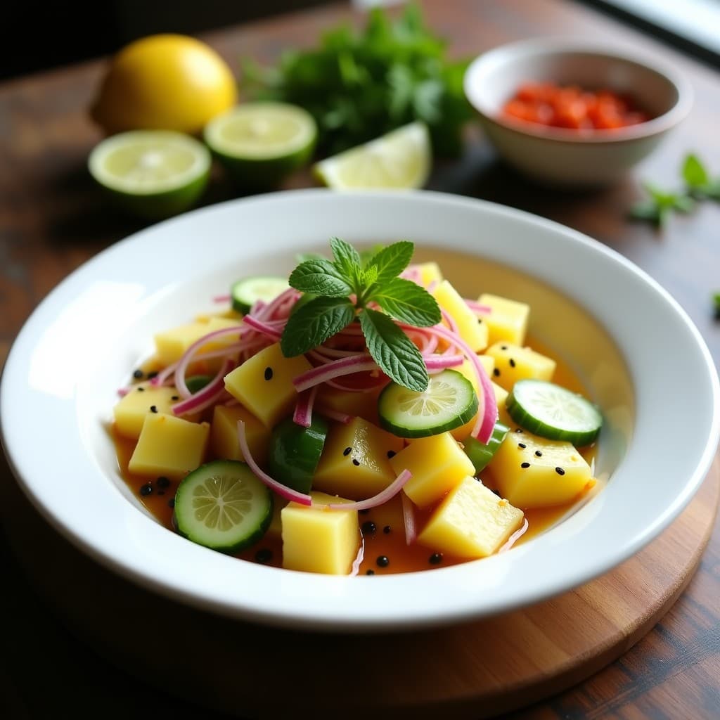 Ceiche de Ananás y Pepino con Vinagreta de Limón y Chile: receta peruanotailandesa vegana
