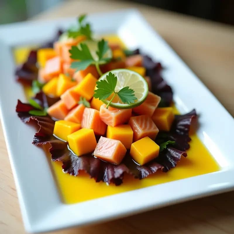 Ceiche de Salmón ahumado y Mango: Receta Peruano-Nórdica con Leche de Tigre de jengibre