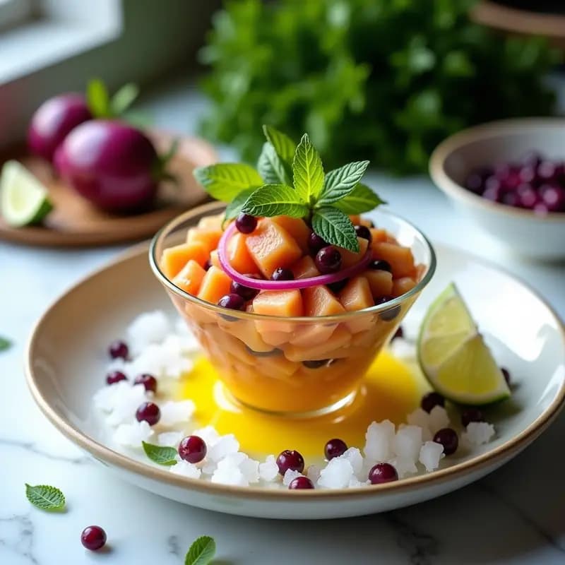 Ceviche de salmón con leche de tigre de maracuyá y maíz morado peruanos