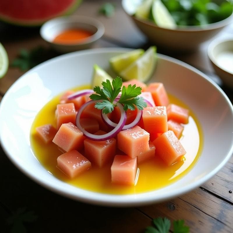 Ceviche de Salmón y sandía con Leche de Tigre de Maracuyá: Receta Nikkei Innovadora