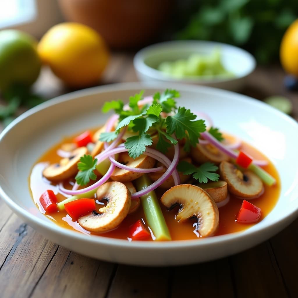 Ceviche de setas shiitake con leche de tigre de limón y jengibre: Receta vegana y umami