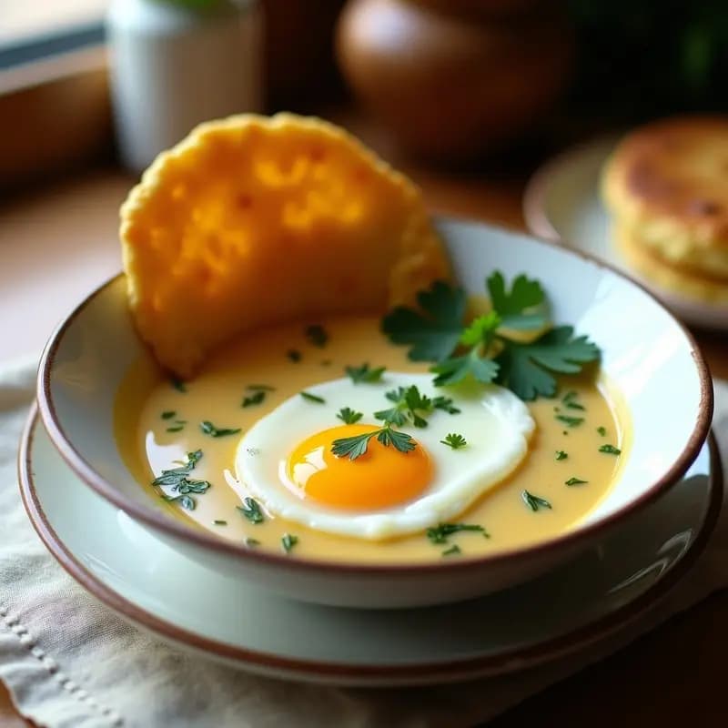 Changua Colombiana con Huevo Poche y Arepa de Yuca: Desayuno Tradicional Sin Gluten