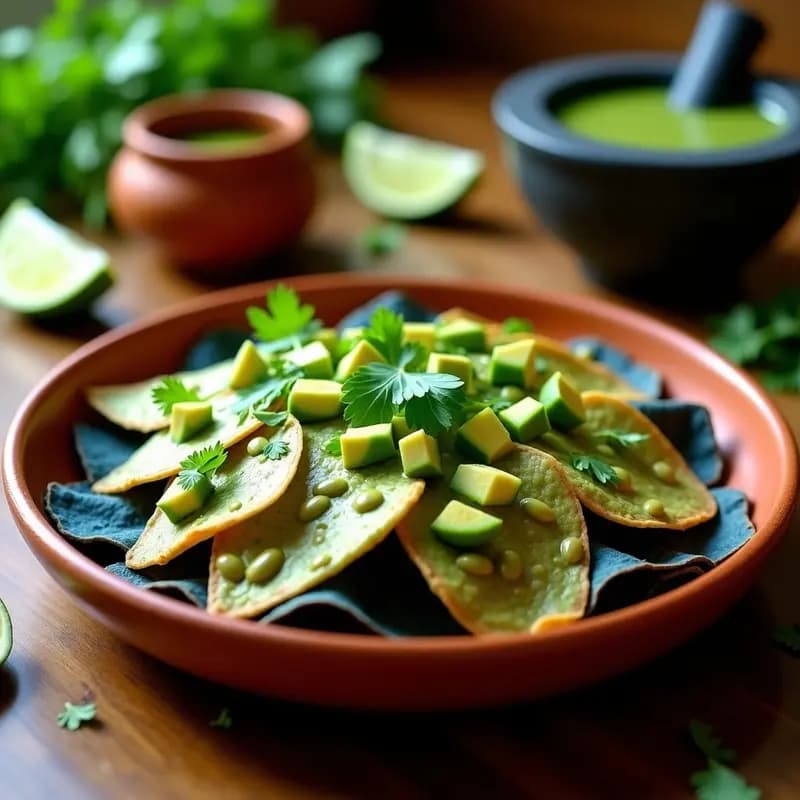 Chilaquiles Verdes con Tortillas de Maíz Azul: Receta Mexicana Vegana en Sartén Antiadherente