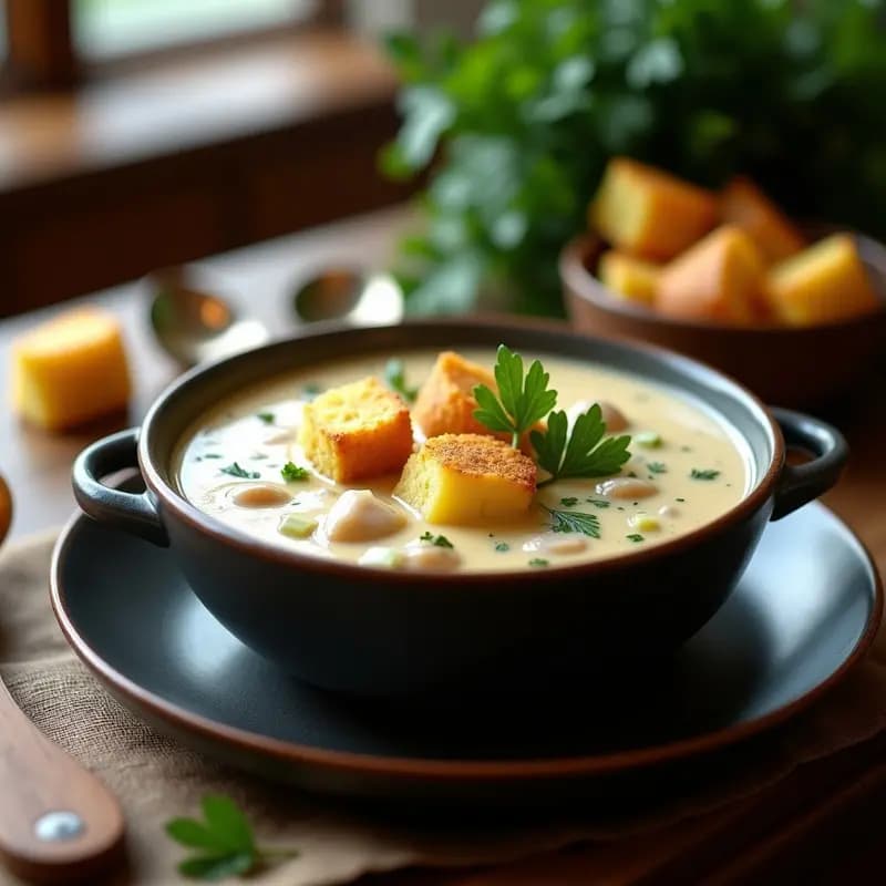 Clam Chowder con Pan de Maíz: Sopa Americana Cremosa y Sin Lactosa