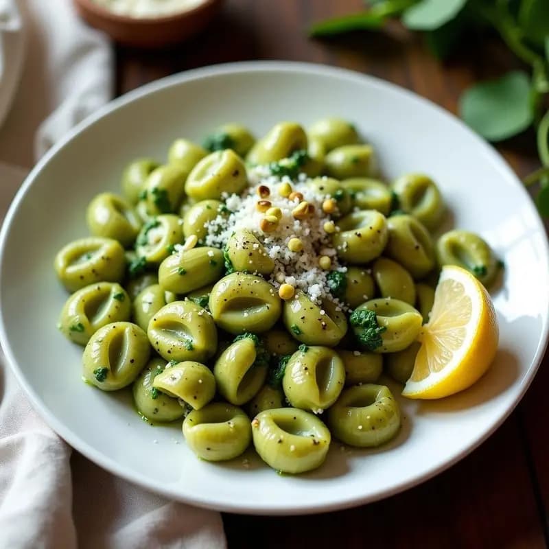 Conchiglie al Pesto di Pistacchio: Pasta Italiana con Pesto de Pistacho y Queso Pecorino