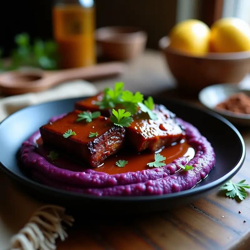 Costillas de Cerdo BBQ con Salsa de Mango Habanero y Puré de Camote Morado: Plato para Carnívoros