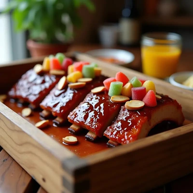 Costillas Glaseadas con Miel y BBQ con Topping de Golosinas: Carne Dulce para Eventos