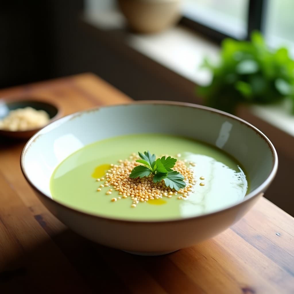 Cremoso de Calabacín y Wasabi con Crujiente de Semillas de Lino: Sopa Japonesa Detox