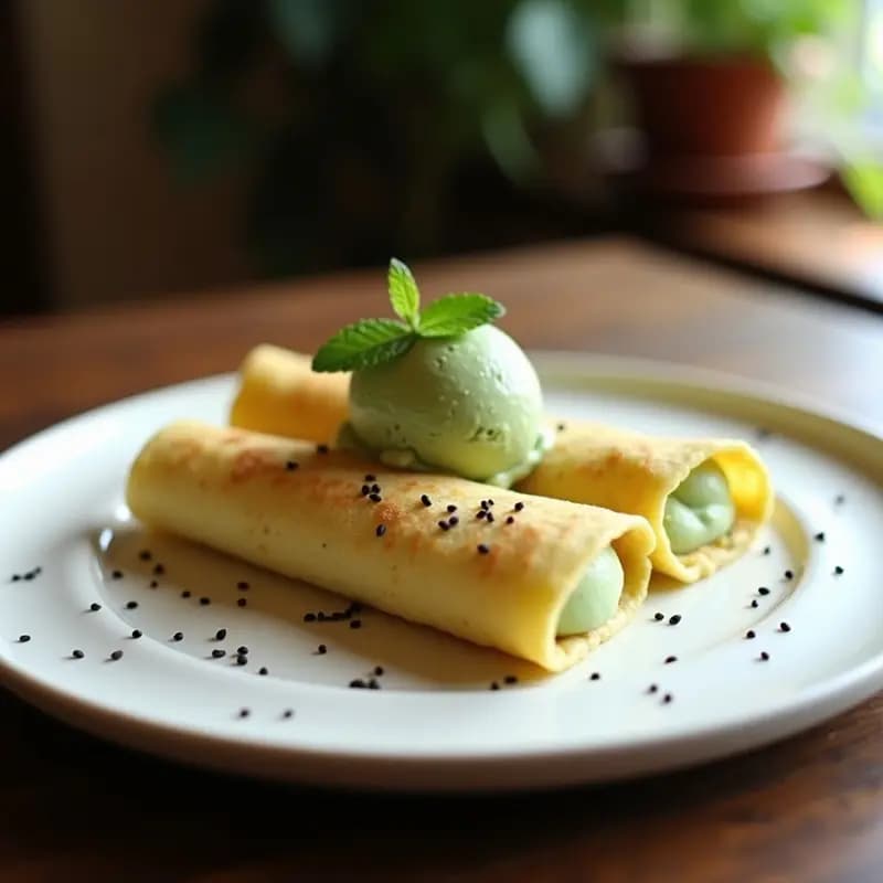 Crêpes de Harina de Chevda con Relleno de Helado de Matcha: Postre Francés-Japonés