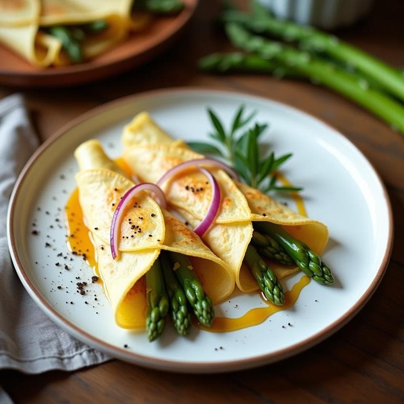 Crepes de Harina de Guisante y Espárragos Trigueros: Receta Sin Gluten con Salsa de Mostaza y Miel