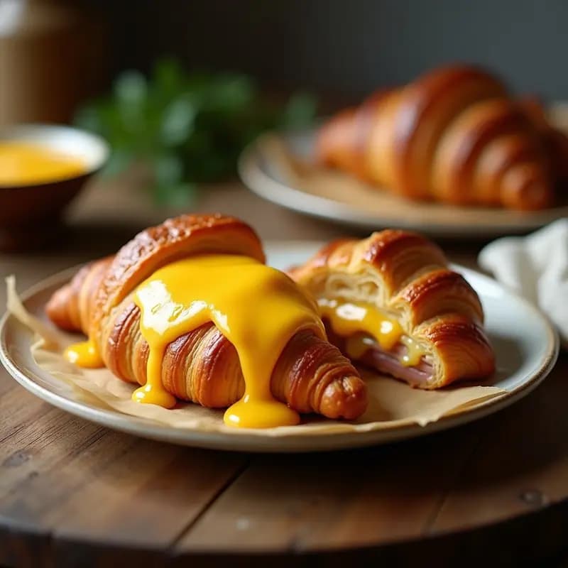Croissant Relleno de Jamón y Queso Gruyère Bañado en Salsa de Queso Cheddar: Desayuno o Merienda Gourmet