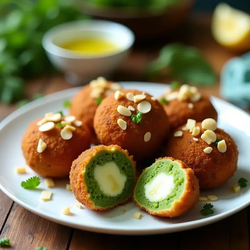 Croquetas de Espirulina y Queso Vegano con Crujiente de Almendra: Snack Verde Ultra Nutritivo