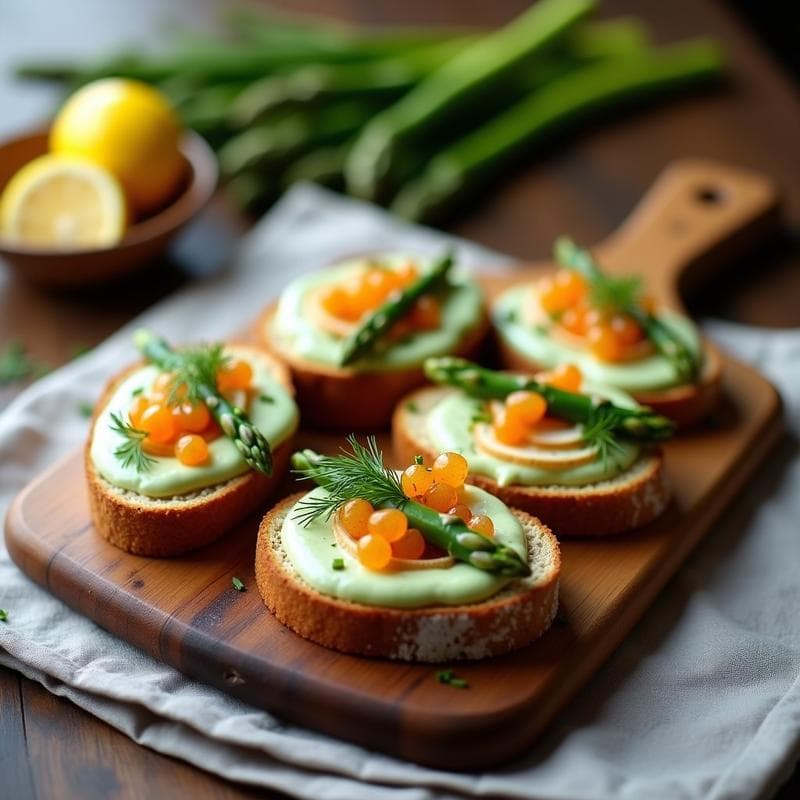 Crostini de Pan de Centeno con Crema de Espárragos Trigueros y Huevas de Lumpo: Receta Escandinava Gourmet