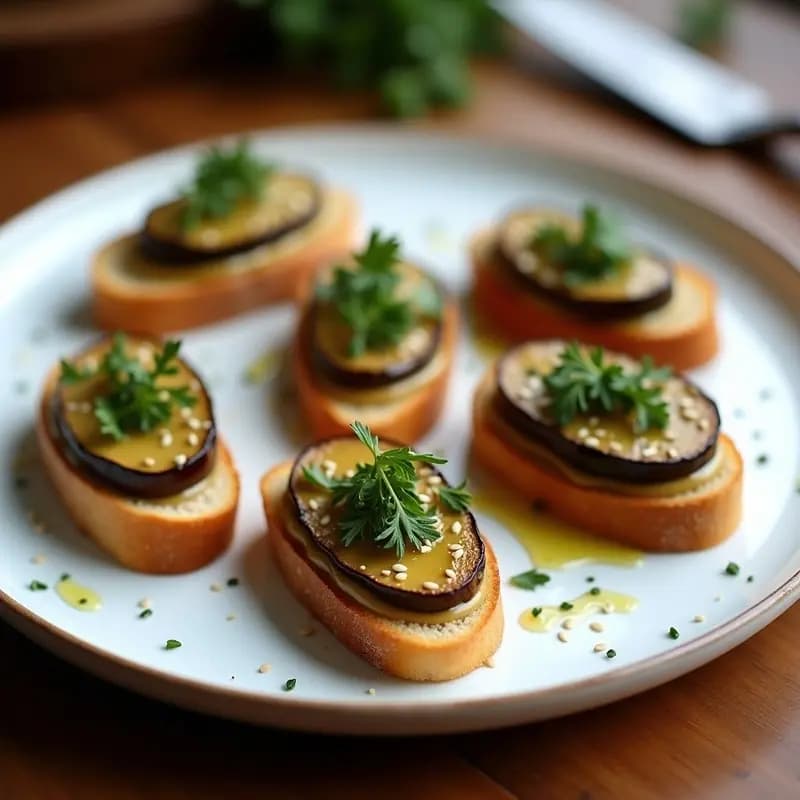 Crostini de Pan de Espelta con Puré de Berenjena Ahumada y Aceite de Trufa: Entrante Gourmet Sin Lactosa