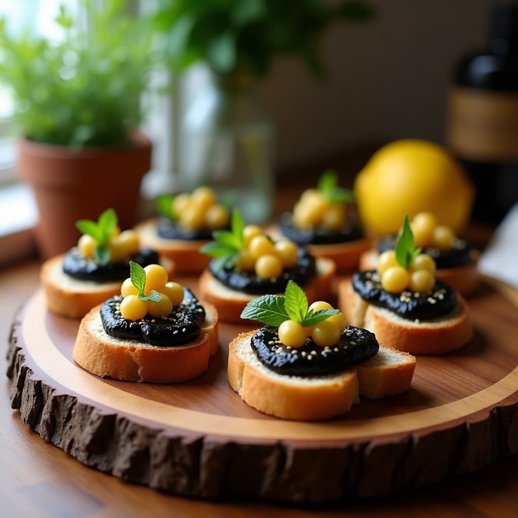 Crostini de Pan de Espelta con Puré de Garbanzos Negros y Caviar de Limón: Aperitivo Italiano Vegano