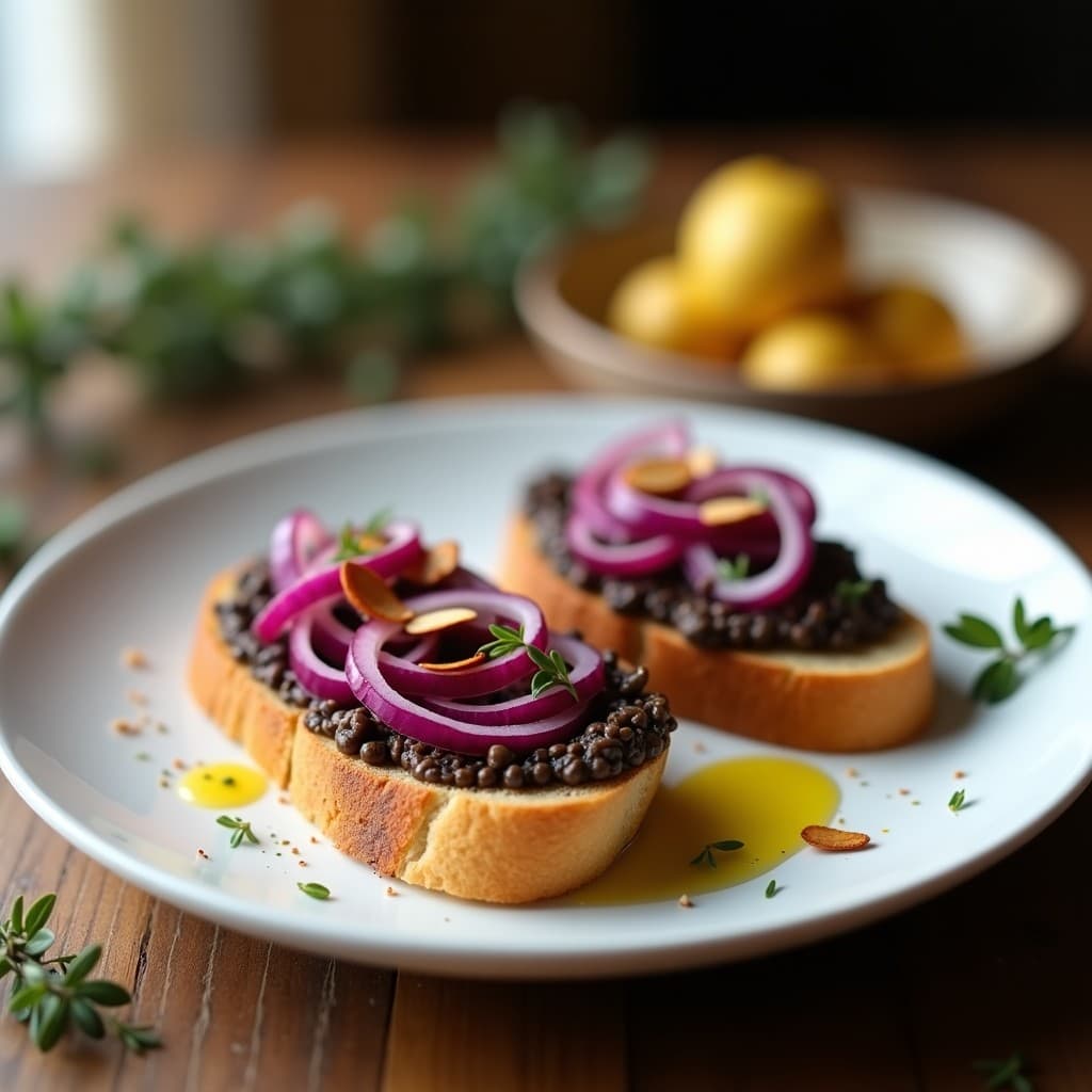 Crostini de Higado de Paté de Lentejas y Cebolla Morada: Entrante Vegano con Toque Francés