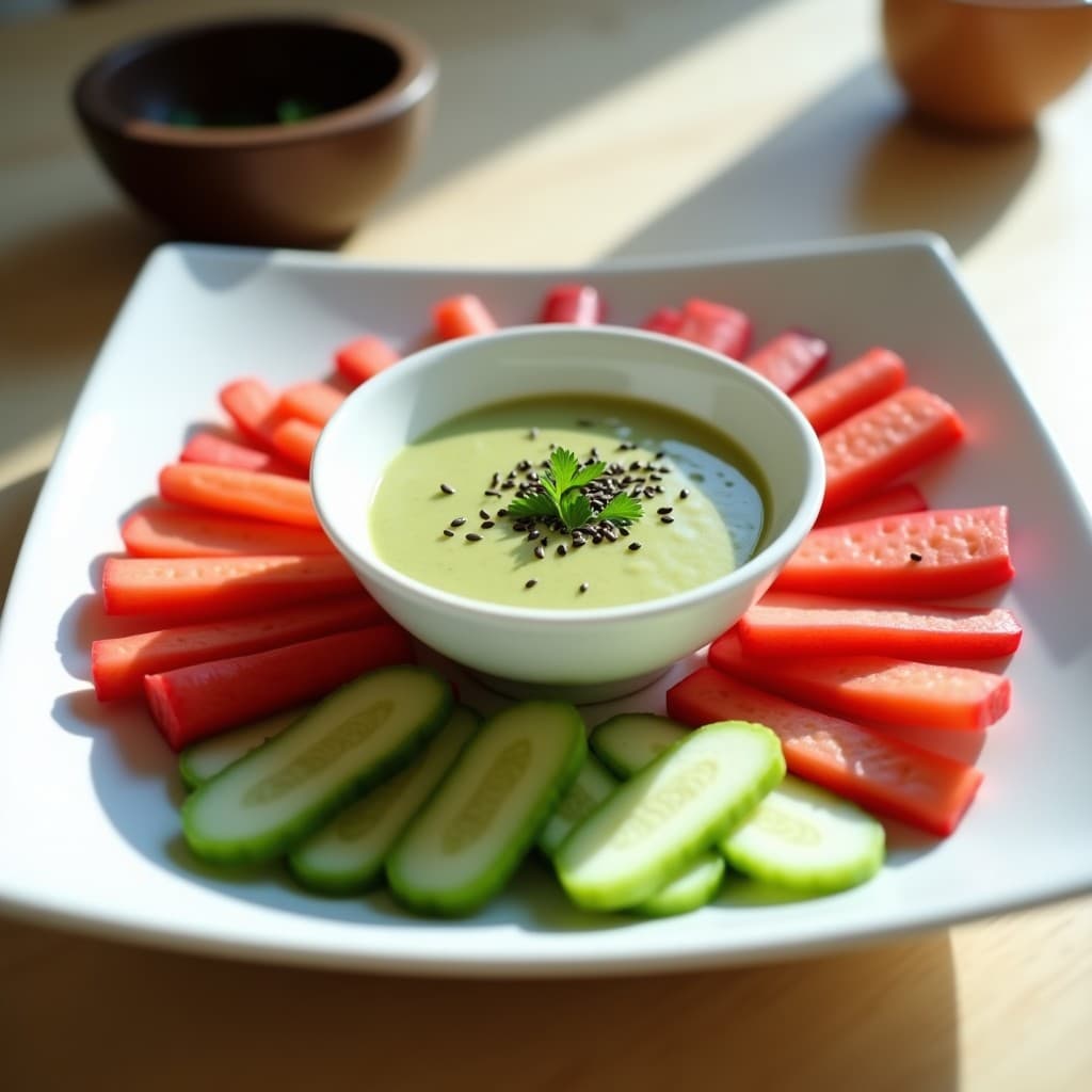 Crudités de Pepino y Rábano con Dip de Aguacate y Wasabi: Aperitivo Japonés Crudivegano