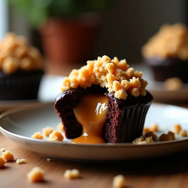 Cupcake de Brownies con Relleno Líquido de Caramelo Salado y Topping de Galletas Trituradas: Postre Individual Irresistible