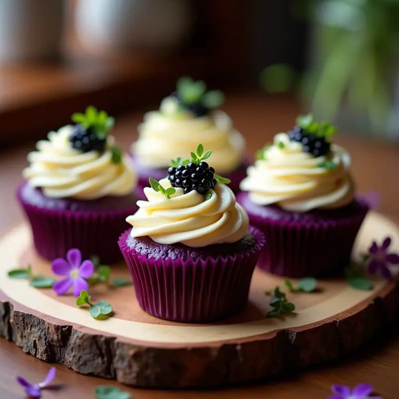 Cupcakes Salados de Batata Morada con Crema de Queso Vegano y Caviar de Berenjena