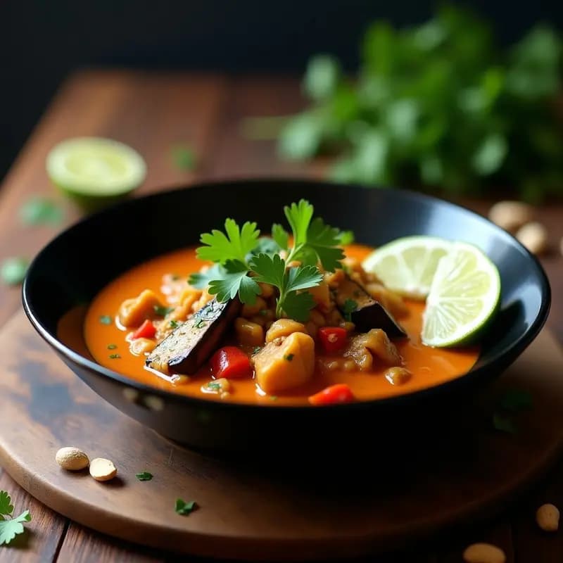 Curry Tailandés de Berenjena con Salsa de Cacahuete: Receta Vegana y Crema en 25 Minutos