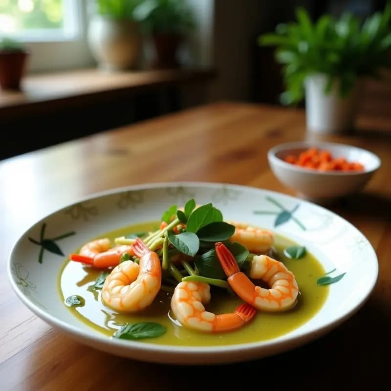 Curry Verde Tailandés con Gambas y Albahaca Santa: Receta Picante en 25 Minutos