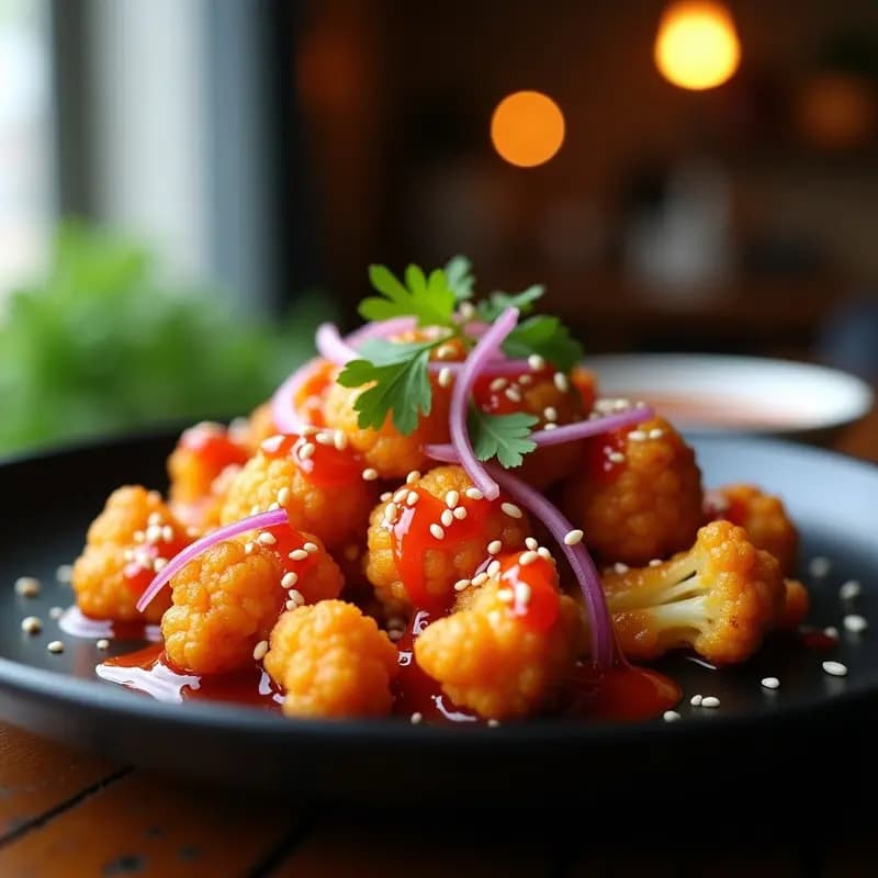 Dakgangjeong Coreano de Coliflor: Alas de Coliflor Crujientes con Salsa Gochujang y Miel