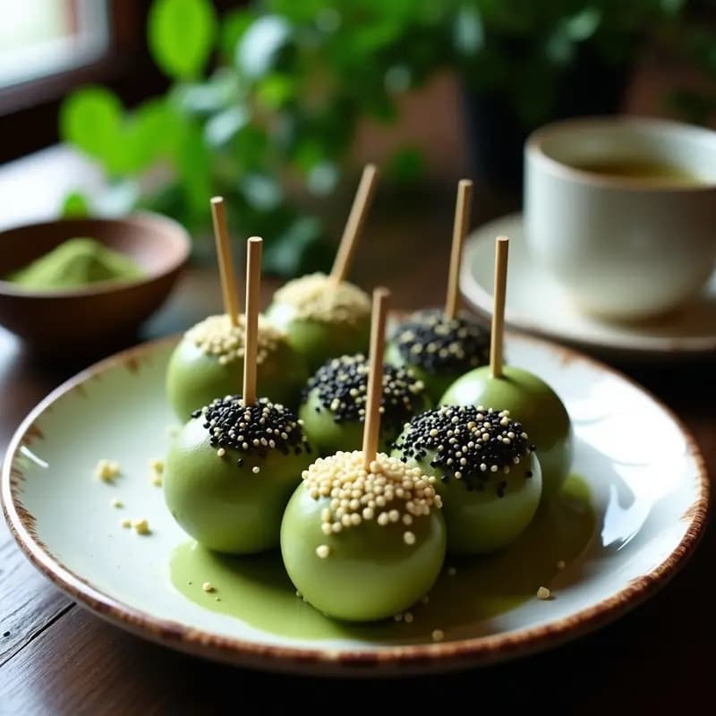 Dango Japonés de Té Verde y Sésamo: Bolas de Arroz Dulce Sin Horno