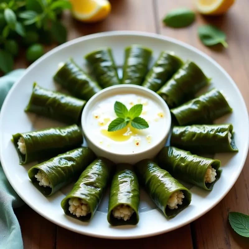 Dolmades Griegos de Espinacas y Arroz Basmati con Salsa de Yogur: Aperitivo Vegano