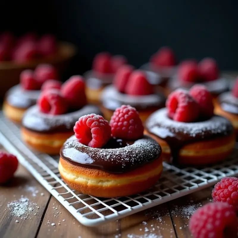 Donas de Harina de Castañas con Glaseado de Chocolate y Frambuesas: Postre Sin Gluten
