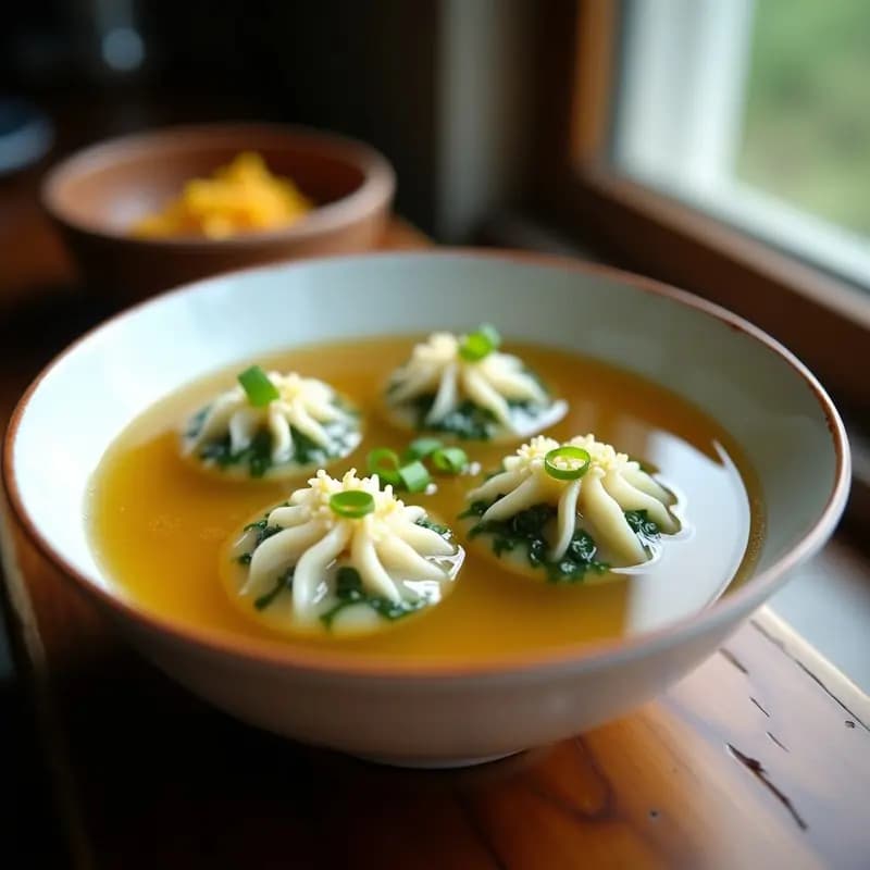 Dumplings de Espinaca y Queso Feta en Caldo de Pollo: Receta China Fusion con Toque Griego