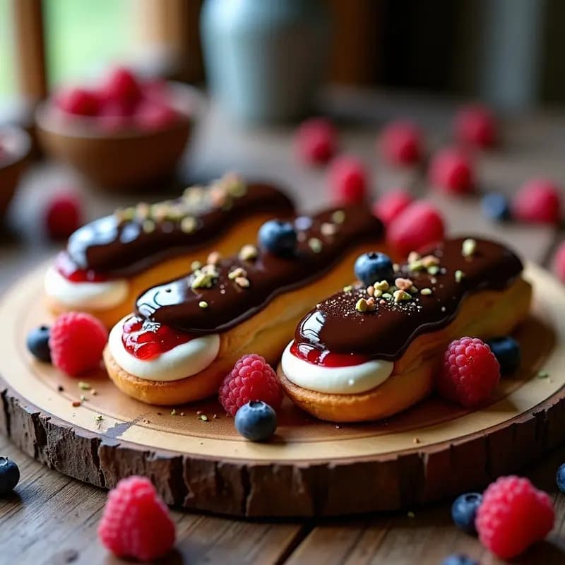 Éclair de Mascarpone y Frutos Rojos con Glaseado de Chocolate: Postre Francés Sin Horno