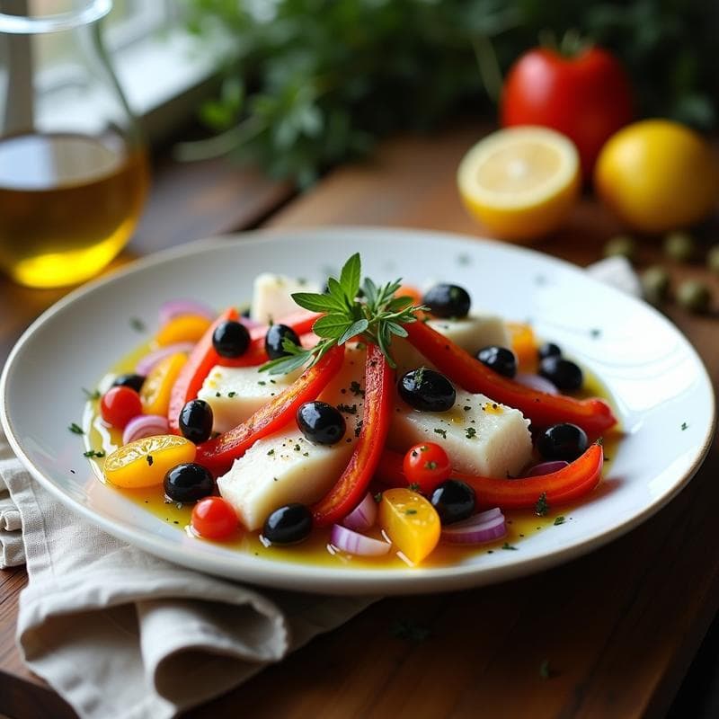 Ensalada Tibia de Bacalao Desalado con Pimientos Asados y Aceitunas Kalamata: Receta mediterránea sin lactosa