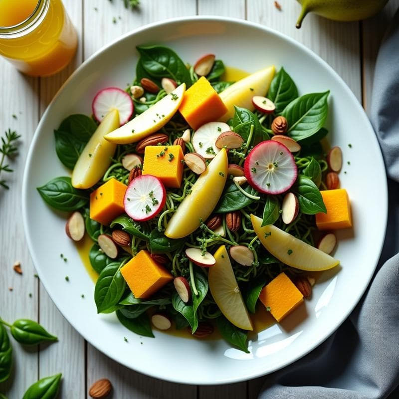Ensalada de Espirulina, Pera Williams y Queso de Cúrcuma con Vinagreta de Mostaza y Miel: Receta Antiinflamatoria