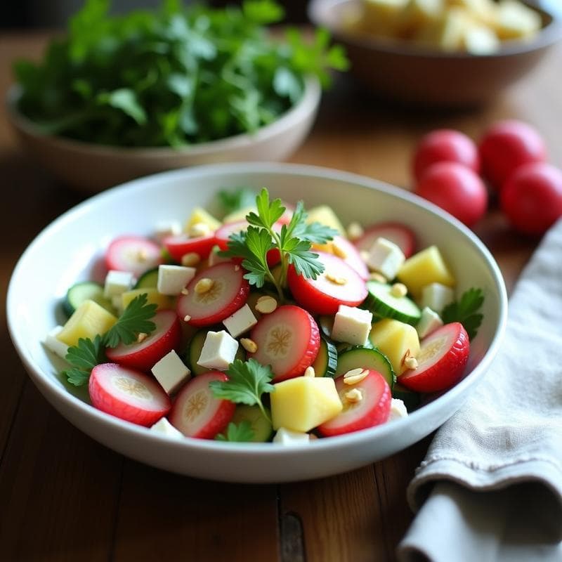 Ensalada de Litchis, Pepino y Queso Feta con Vinagreta de Miel y Mostaza: Receta China Fresca