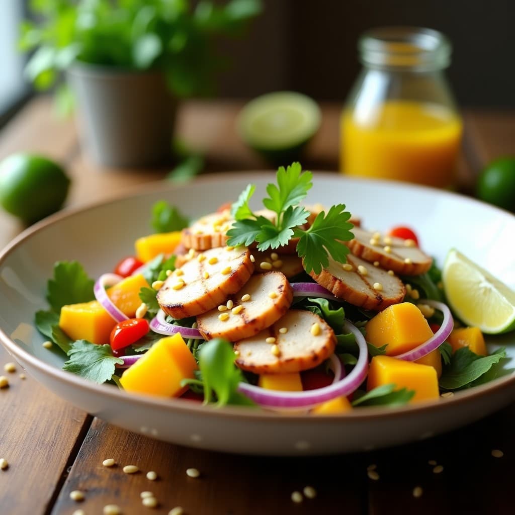 Ensalada de Mango, Pechuga de Pavo y Cilantro con Vinagreta de Lima: Receta Alta en Proteína y Sin Gluten