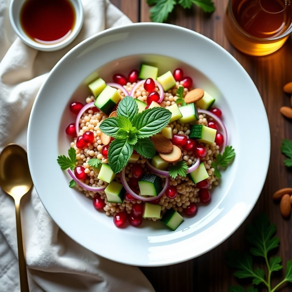 Ensalada de Mijo y Granados con Aderezo de Vinagre de Dátil: Receta Persa Keto y Sin Gluten