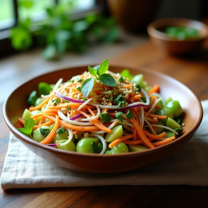 Ensalada de Papaya Verde y Germinados con Vinagreta de Tamarindo: Receta Tailandesa Crudivegana