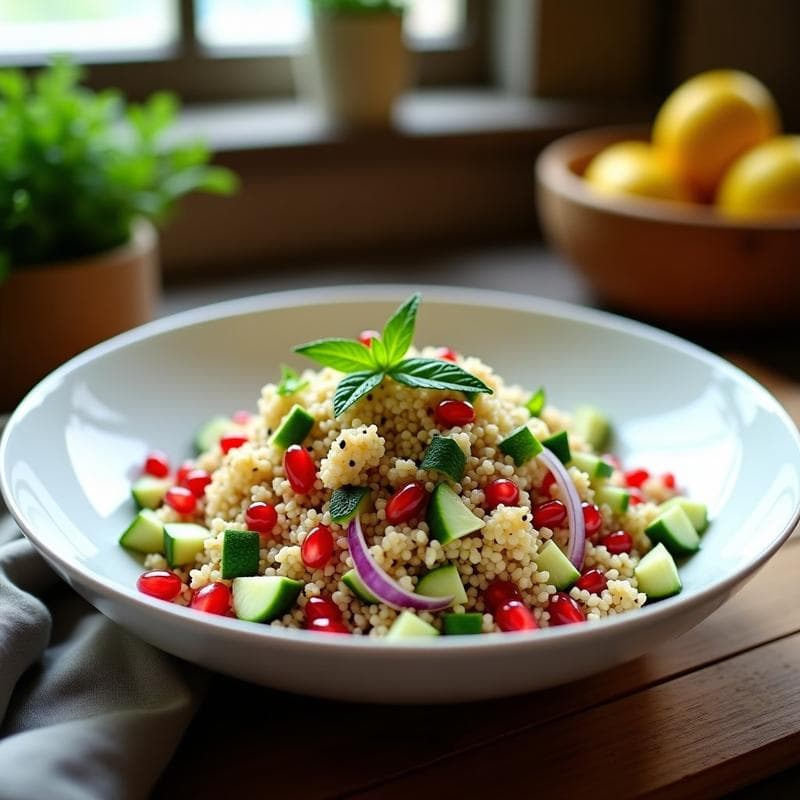 Ensalada de Quinoa, Granada y Pepino con Vinagreta de Limón: Receta Libanes Vegana