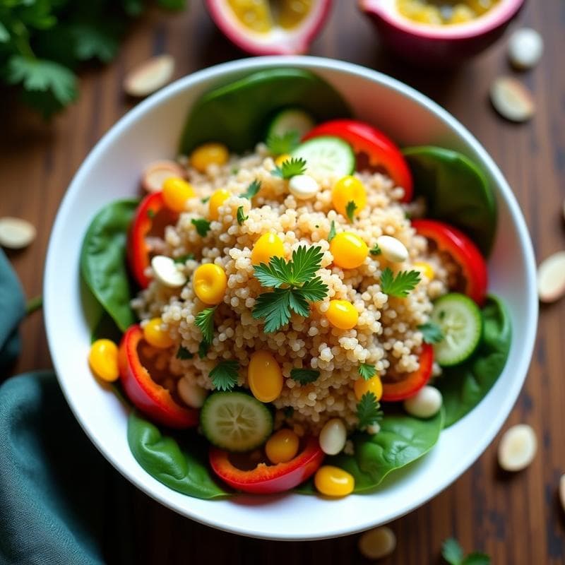 Ensalada de Quinua y Granos de Granadilla: Receta Andina con Vinagreta de Maracuyá