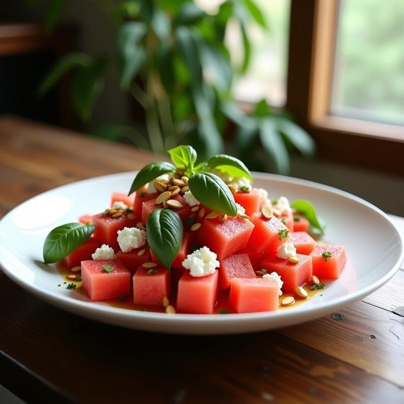 Ensalada de Watermelon y Feta de Almendras con Vinagreta de Albahaca: Receta Griega Sin Lactosa