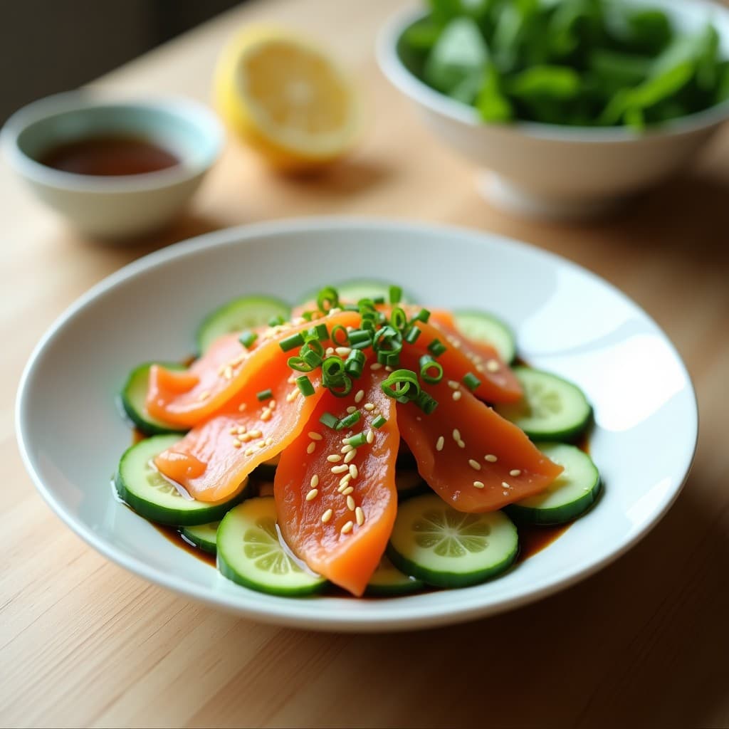 Ensalada de Watakushi (Pepino Japonés) y Salmón Ahumado: Receta Japonesa con Aliño de Sésamo y Soya