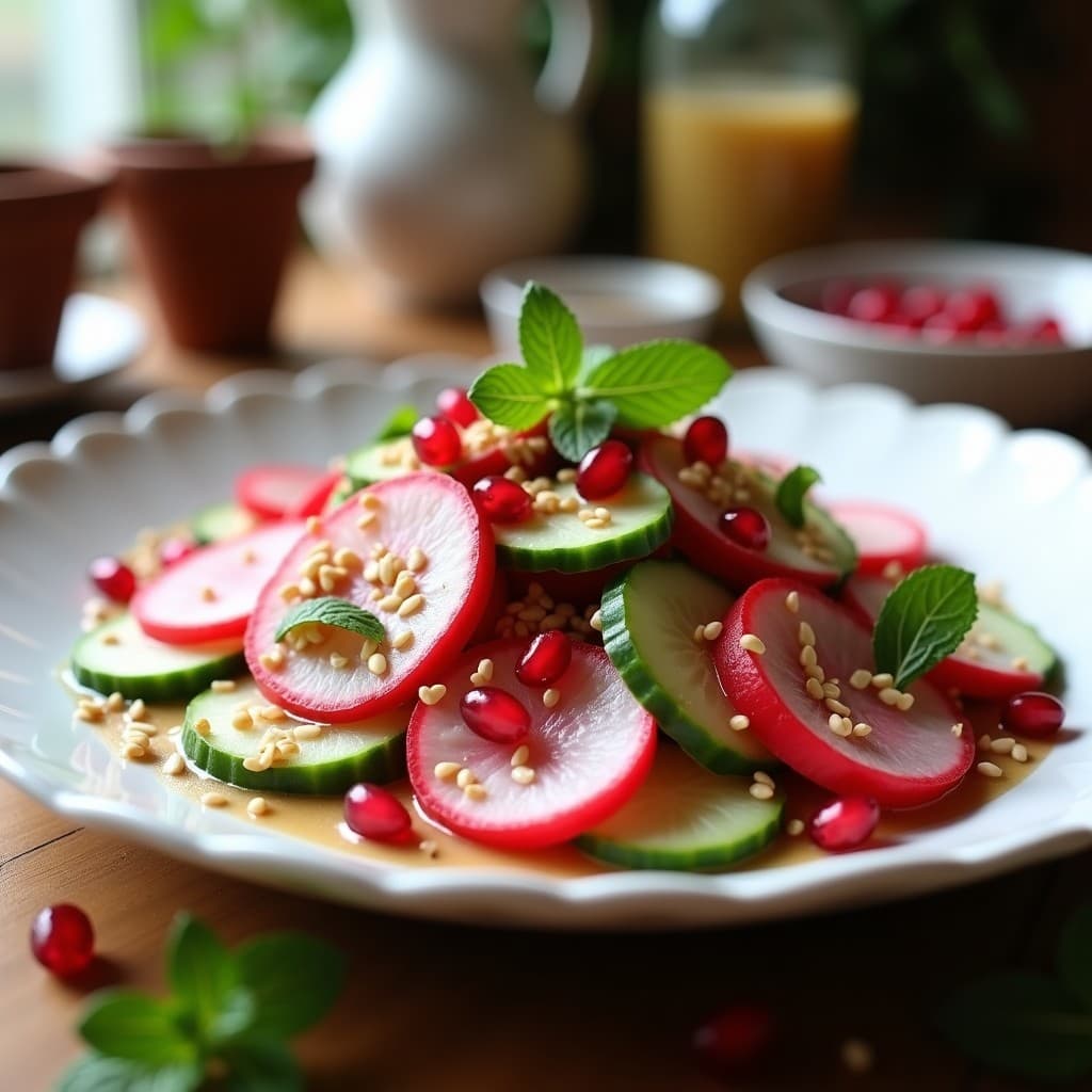 Ensalada de Watermelon Radish y Pepino con Aderezo de Tahini y Granadina: Receta Iraní Crujiente