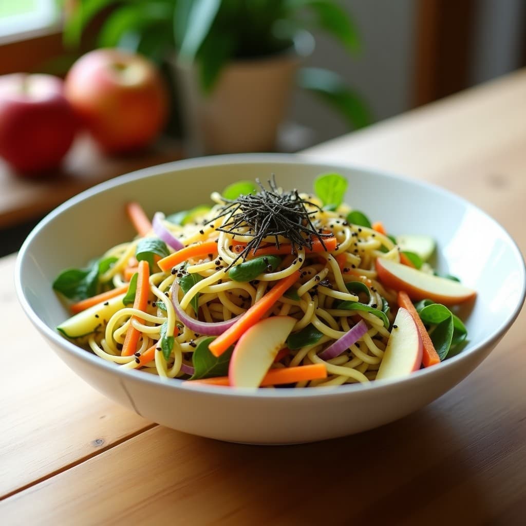 Ensalada de Yakisoba de Calabacín y Manzana Verde: Receta Japonesa Crudivegana