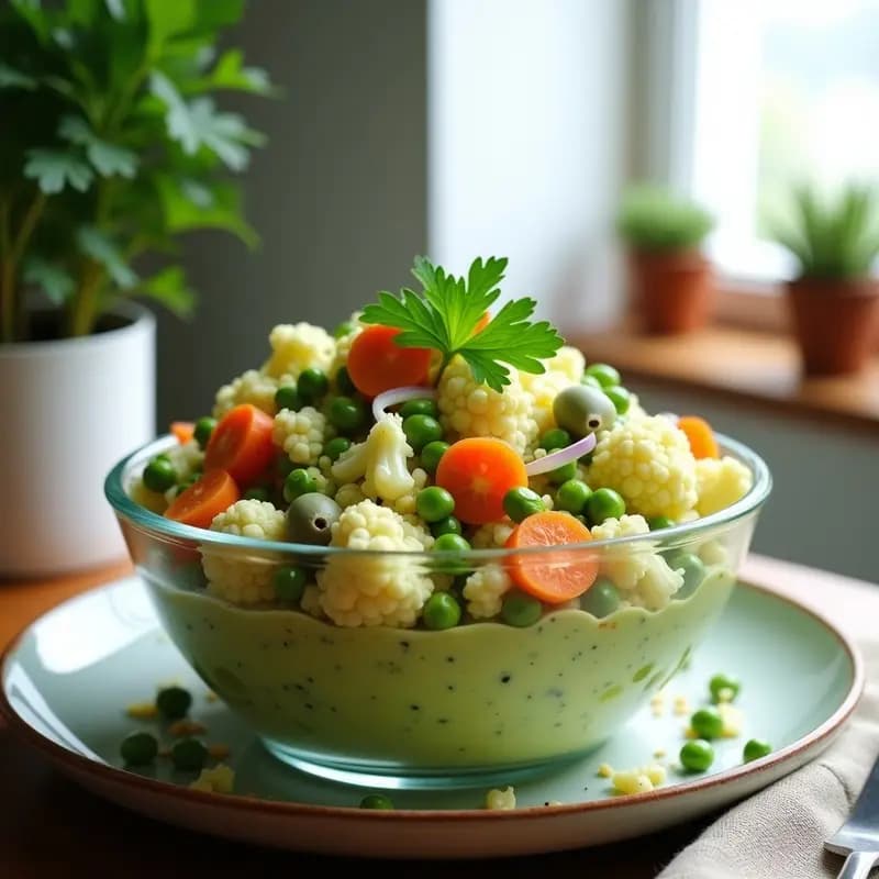 Ensaldilla Rusa de Coliflor y Guisantes con Mayonesa de Aguacate: Receta Vegana Sin Lácteos