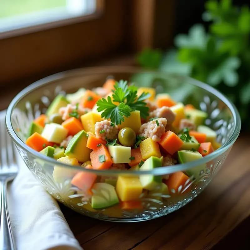 Ensaldilla Rusa con Aguacate y Vinagreta de Mostaza: Receta Española Keto Sin Patata