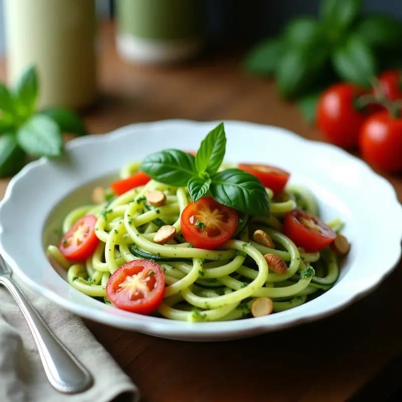 Pasta de Espagueti de Calabacín con Pesto de Albahaca y Anacardos: Receta Italiana Low-Carb